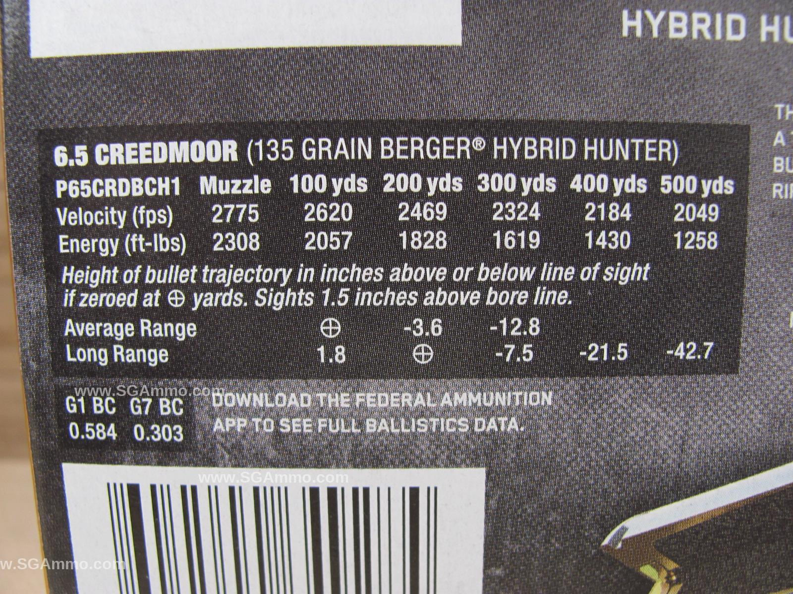 20 Round Box - 6.5 Creedmoor 135 Grain Federal Premium Berger Hybrid Hunter Ammo - P65CRDBCH1